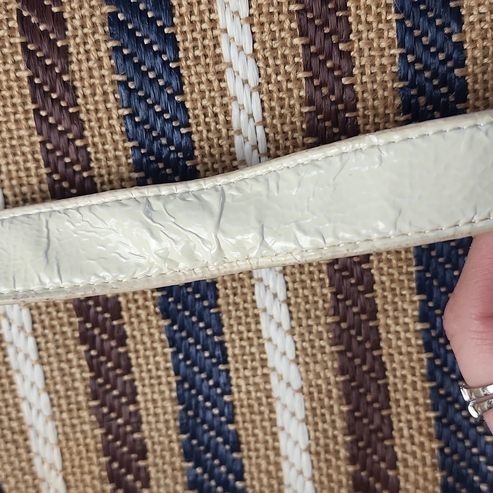 70s Canvas & Leather Turn Lock Satchel Crossbody Handbag Striped Neutral Boho - Picture 10 of 11